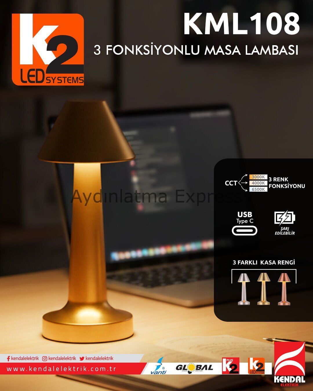 K2 Rose 3 Renk Fonksiyonlu Dimlenebilir Masa Lambası KML108