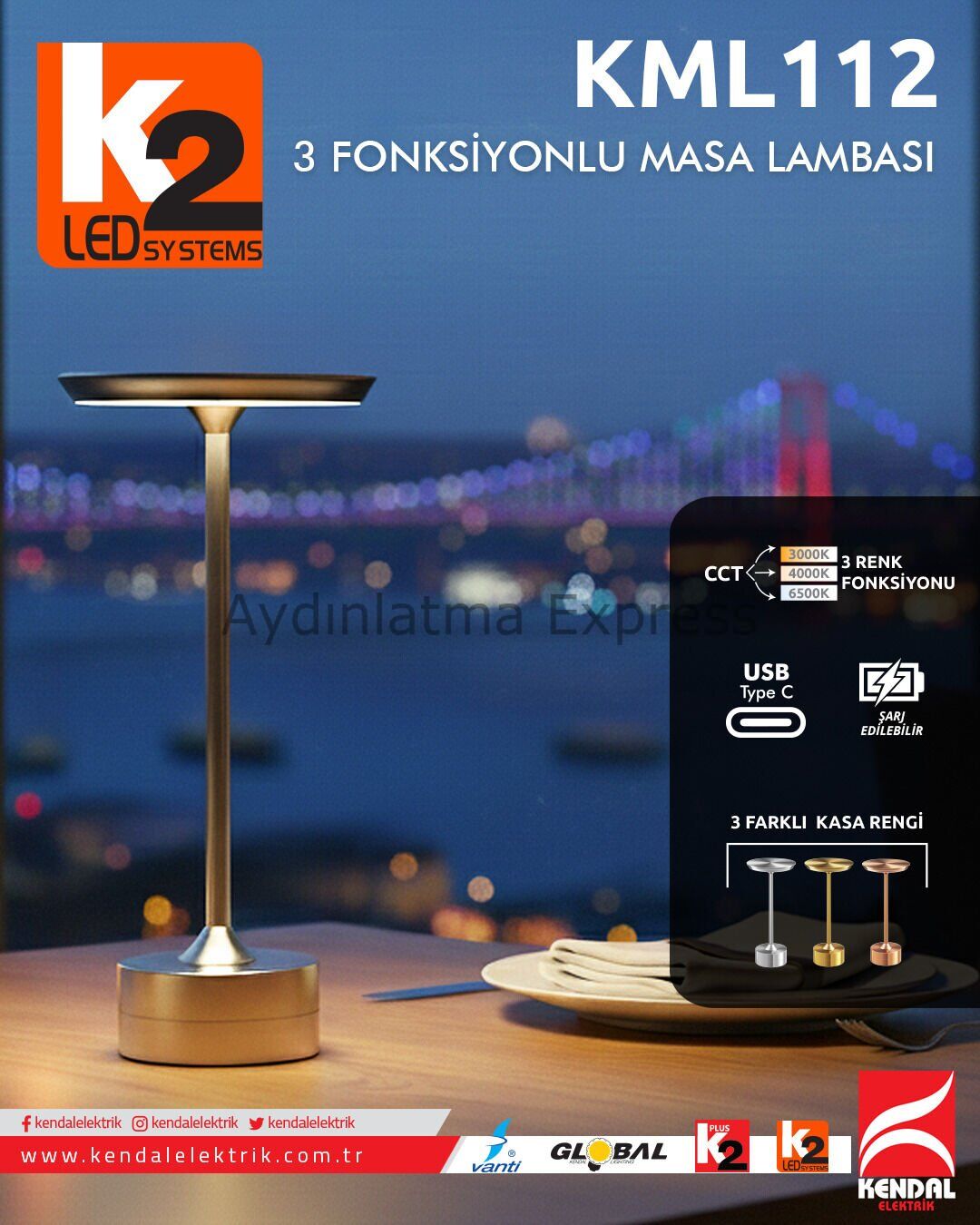 K2 Silver 3 Renk Fonksiyonlu Dimlenebilir Masa Lambası KML112