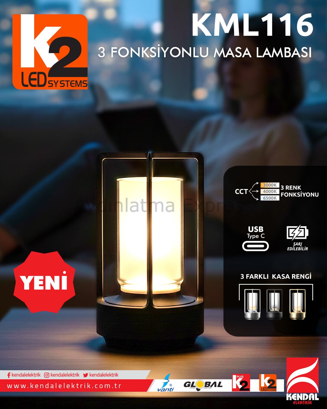 K2 Siyah 3 Fonksiyonlu Dimlenebilir Masa Lambası KML116