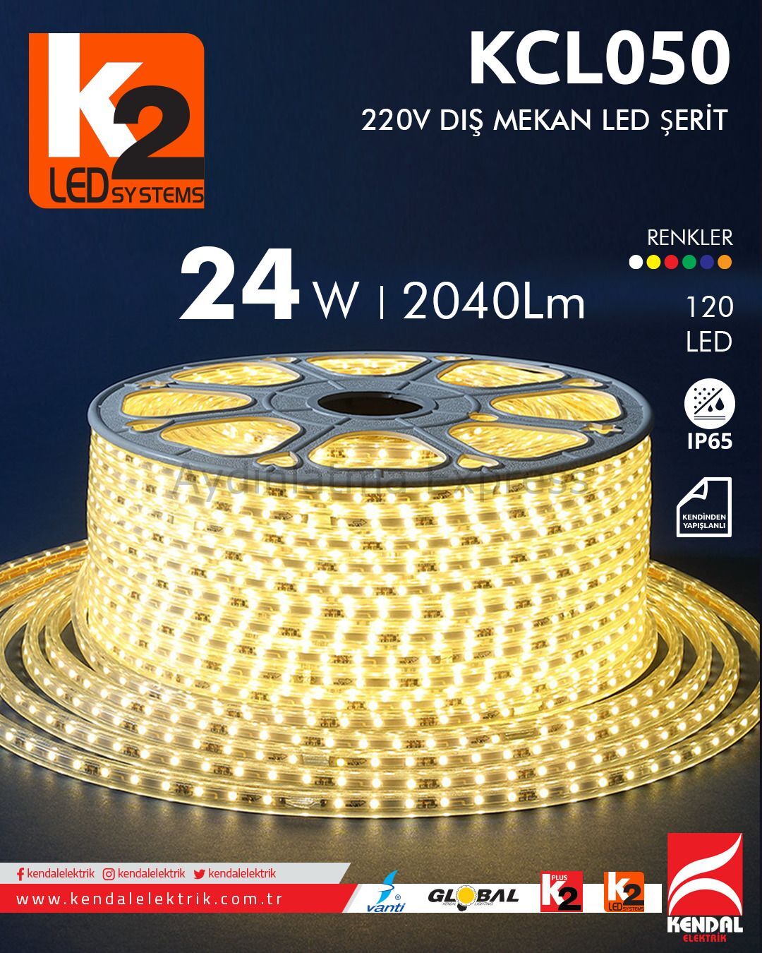 K2 220V 120 Ledli Dış Mekan Yapışkanlı Şerit Led KCL050 (100 METRE)