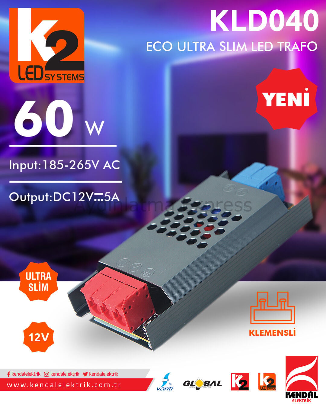 K2 5A Ultra Slim Led Trafo Klemensli KLD040