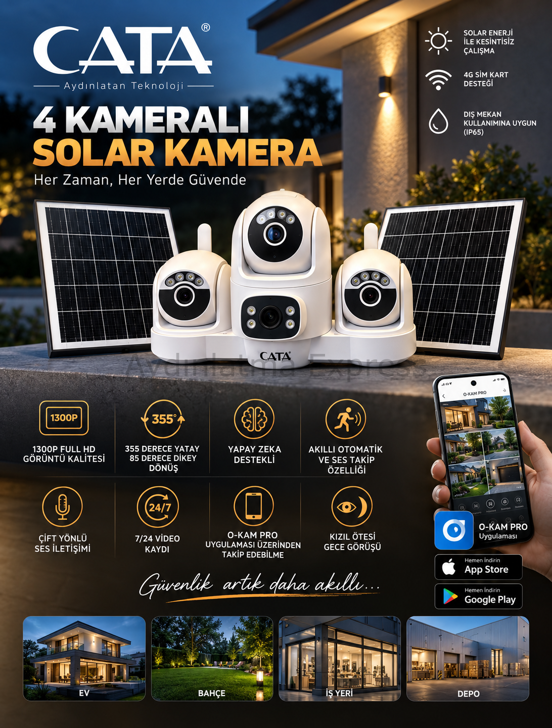 CATA CT-4056 4 KAMERALI SOLAR KAMERA 4G SİM KARTLI